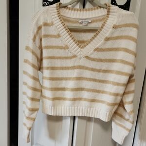 American Eagle Outfitters V-Neck Sweater - Cream and Tan Stripes
